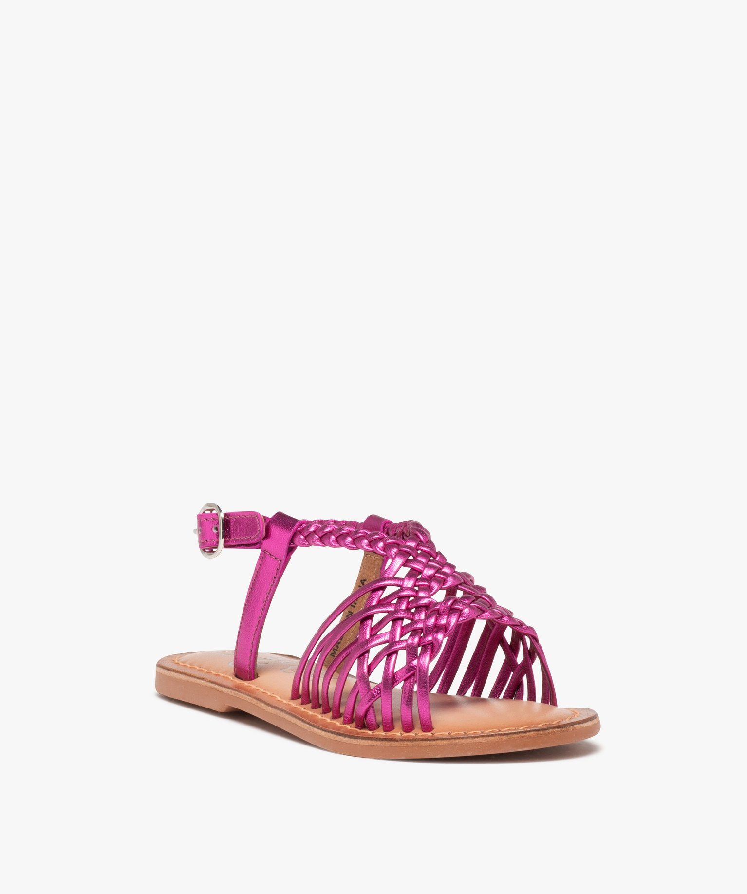 Sandales fille à fines brides en cuir tressées métallisées rose | GEMO
