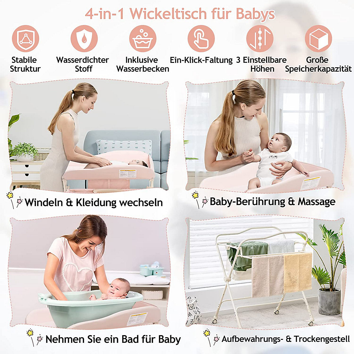 Wickeltisch Klappbar mit Wasserbecken & Rädern Wickelkommode