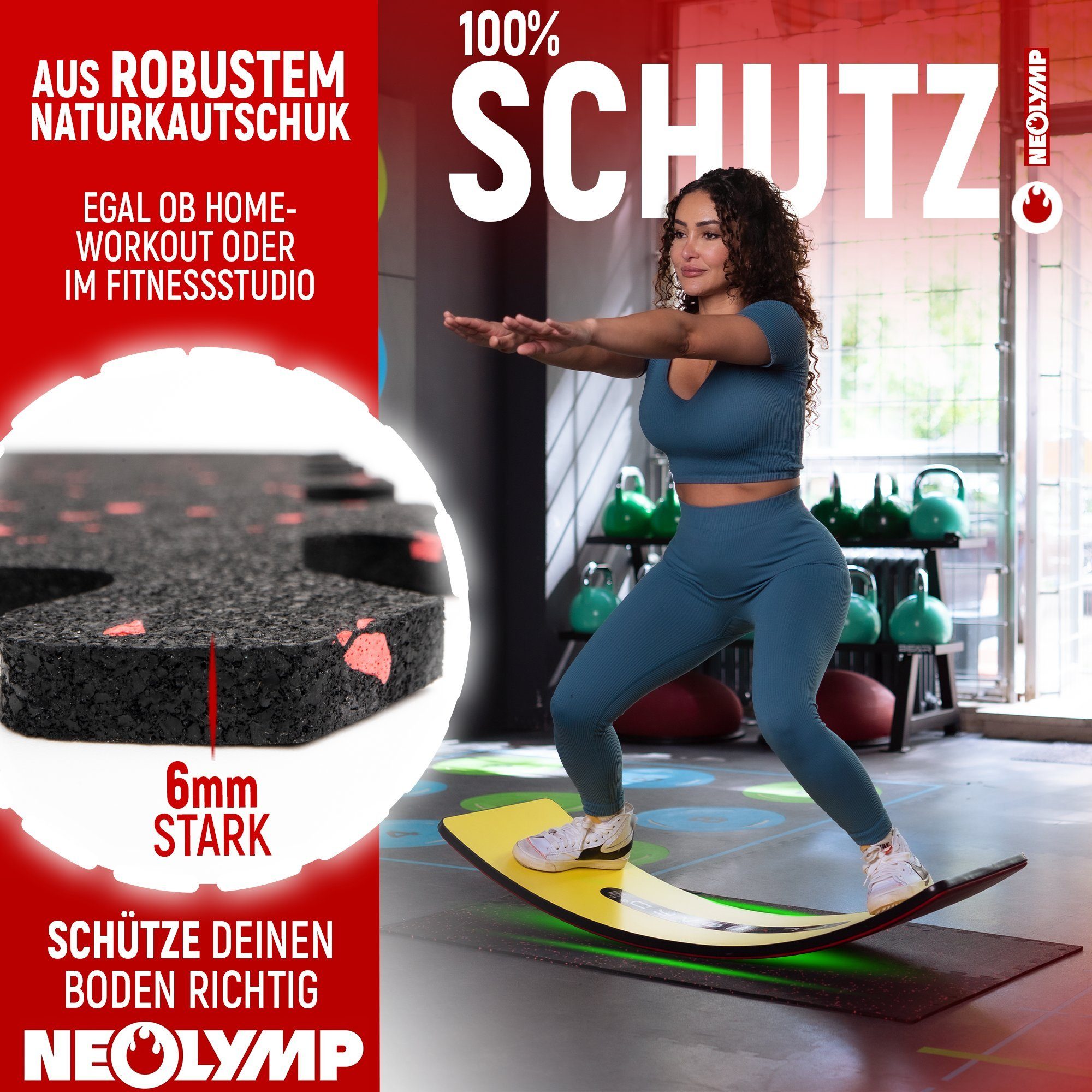 NEOLYMP Bodenmatte Profi-Sportboden SF210 1 Stück (8 Puzzlestücke inkl. Randteile), Premium-Studioqualität, Naturkautschuk, Dichte von 7100g/m³