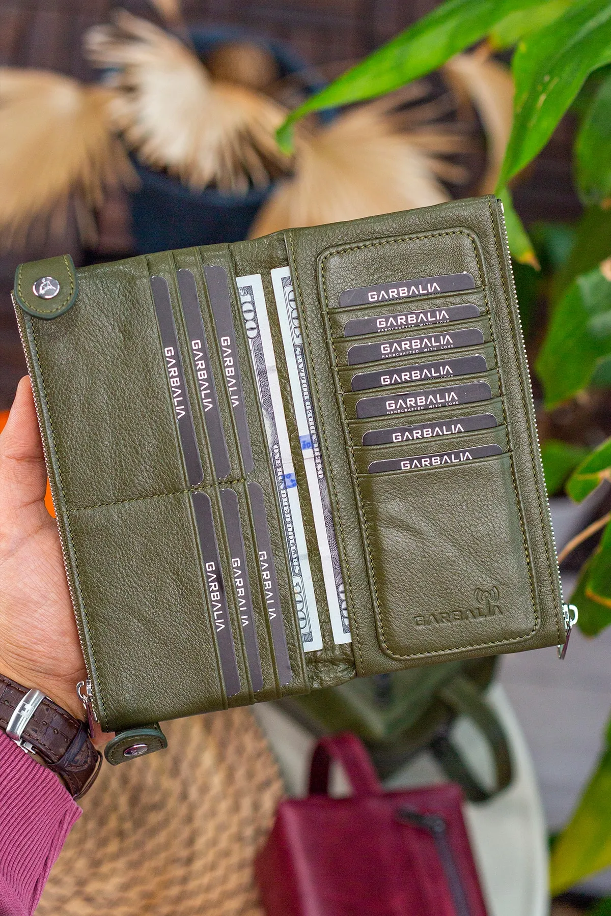 Garbalia  Roosevelt Unisex-Portfolio-Geldbörse aus echtem Leder in Grün mit Handyfach und Griff