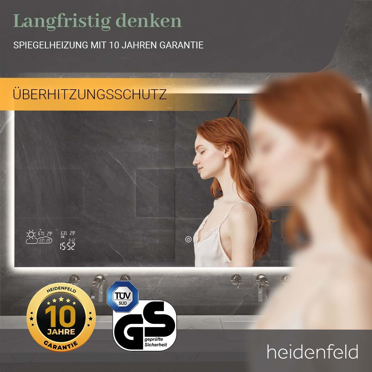 Heidenfeld Infrarotheizung Spiegelheizung HF-HS200 inkl. Touchdisplay 10 Jahre Garantie, Spiegel - Rahmenbeleuchtung - Anti-Beschlag - bis 500 Watt - WIFI