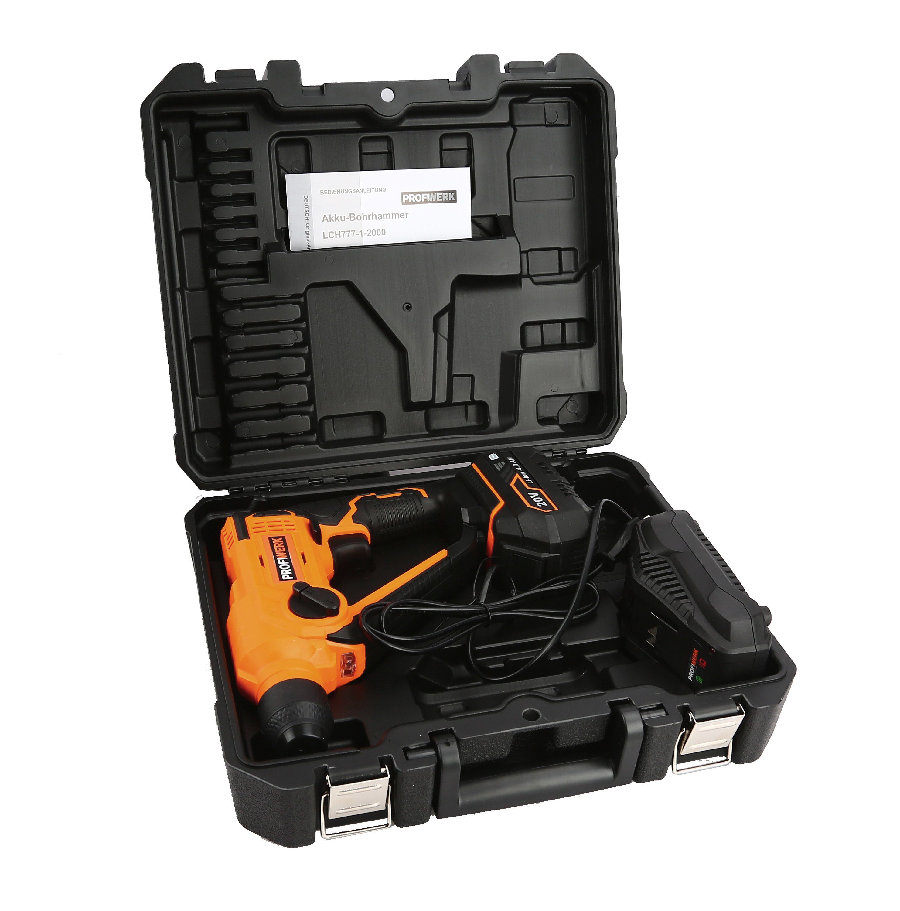 Profiwerk Akku-Schlagbohrmaschine PWSBH-01-Kit 20V, SDS plus, max. 900 U/min, max. Bohrleistung 16/8/10 mm, 4,0Ah Akku, Netzteil, Transportkoffer