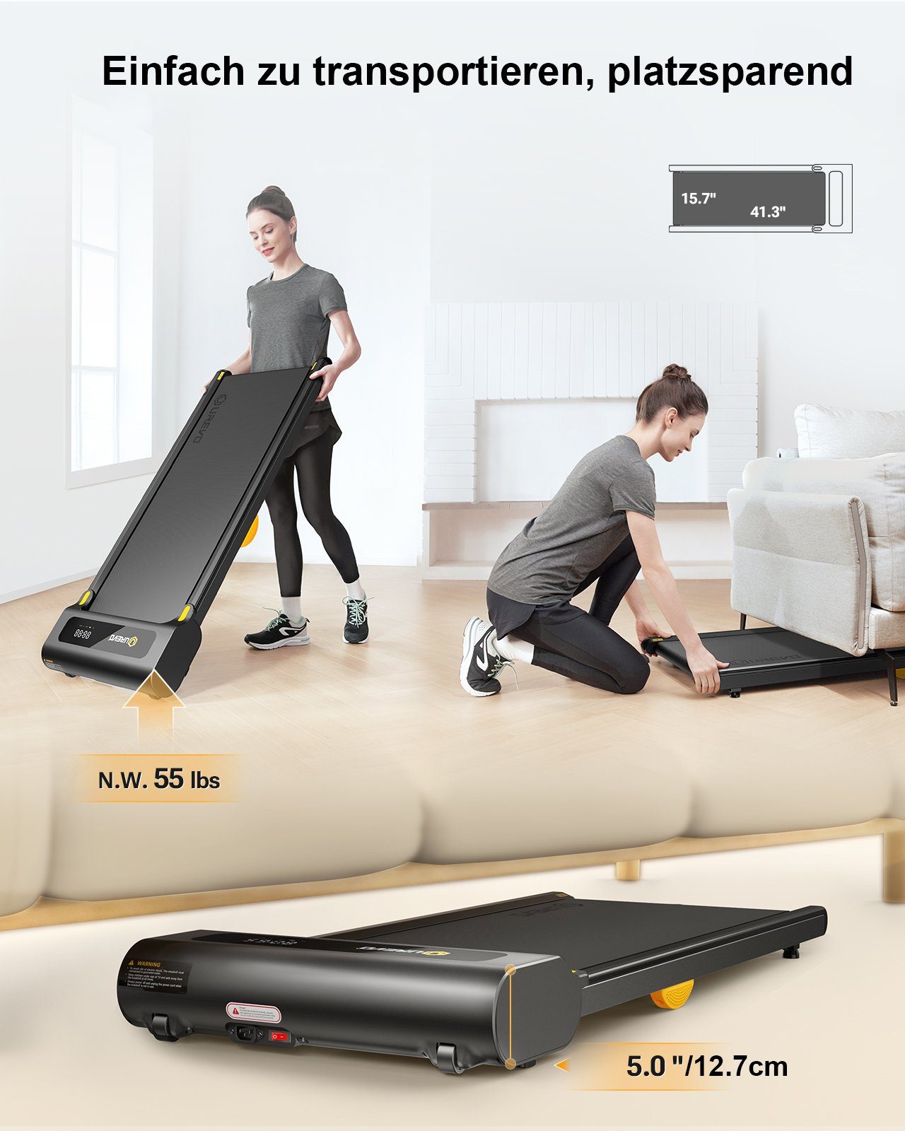 REDOM Laufband Profi Elektrisches Laufband Fitness Treadmill Sports Zuhause 1-6 km/h (8 Silikon-Stoßdämpfer und 2 zusätzliche weiche Gummikissen, Trainingspfade mit Fernbedienung und LED-Display, UREVO), Walking pad für Zu hause mit doppelter Stoßdäm