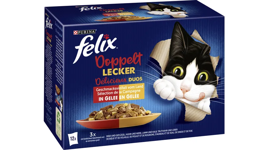 PURINA FELIX Doppelt Lecker Geschmacksvielfalt vom Land in Gelee Katzennassfutter 12x85g Portionsbeutel 1020 g