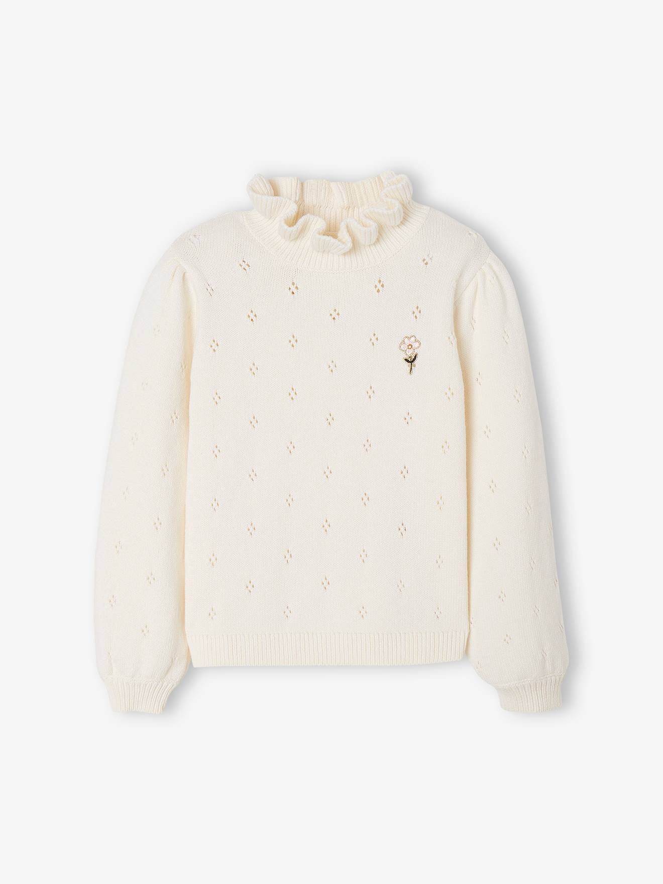 Pull fantaisie maille pointelle fille écru