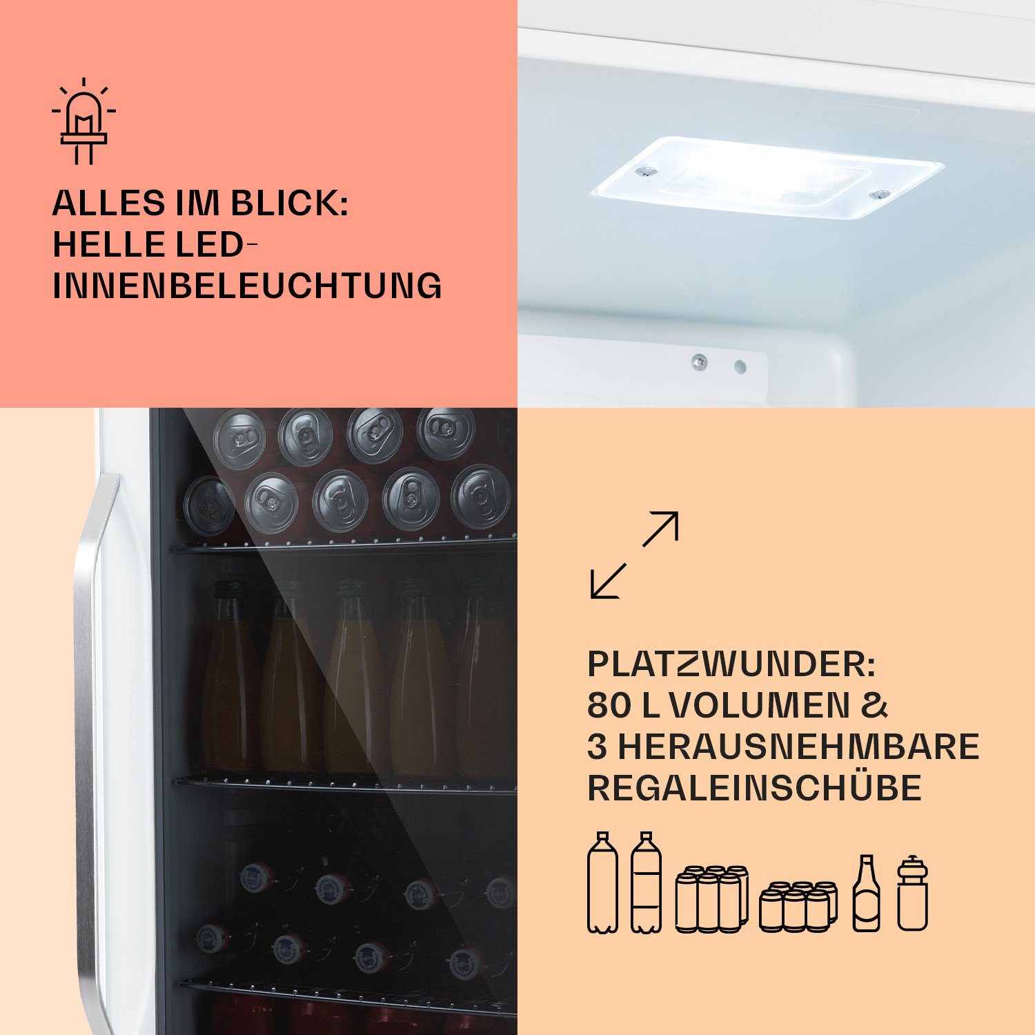 Klarstein Getränkekühlschrank HEA-BeersafeXXL-Quar 10039427, 83 cm hoch, 47.5 cm breit, Bierkühlschrank Getränkekühlschrank Flaschenkühlschrank mit Glastür