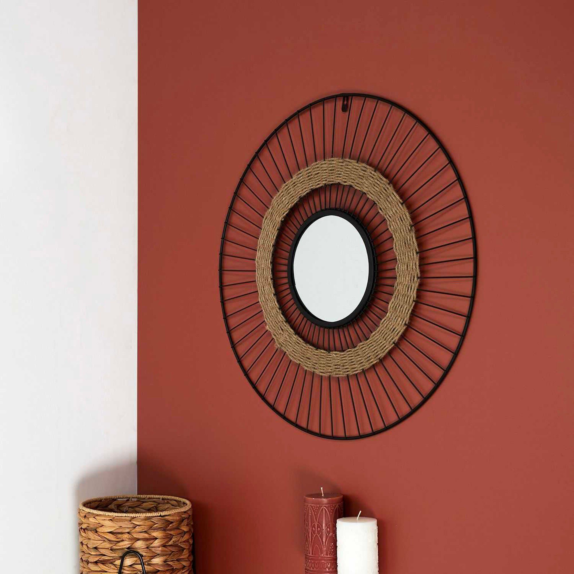 Miroir mural rond métal et jonc