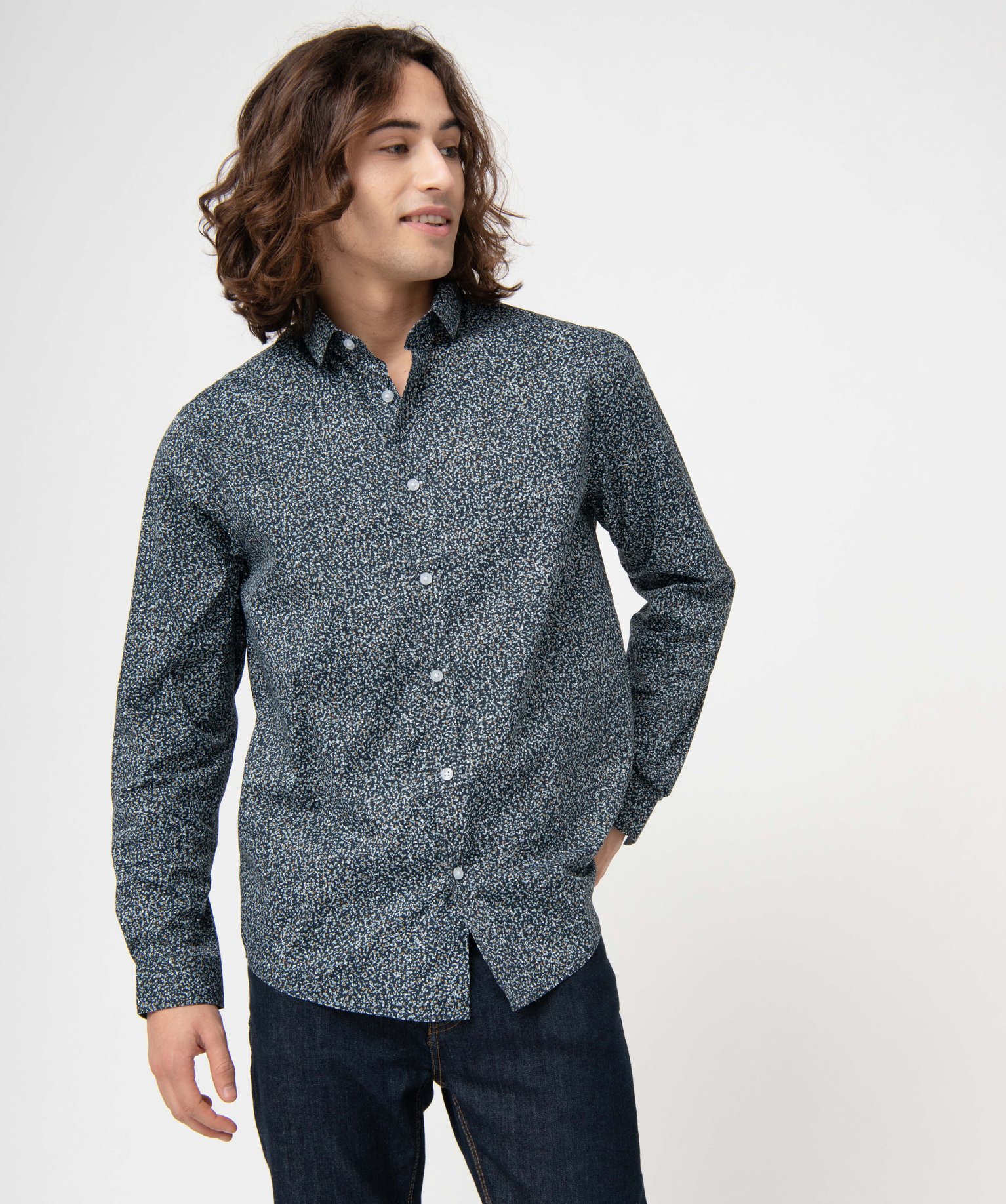 Chemise homme à manches longues coupe droite et motif fleuri imprime | GEMO