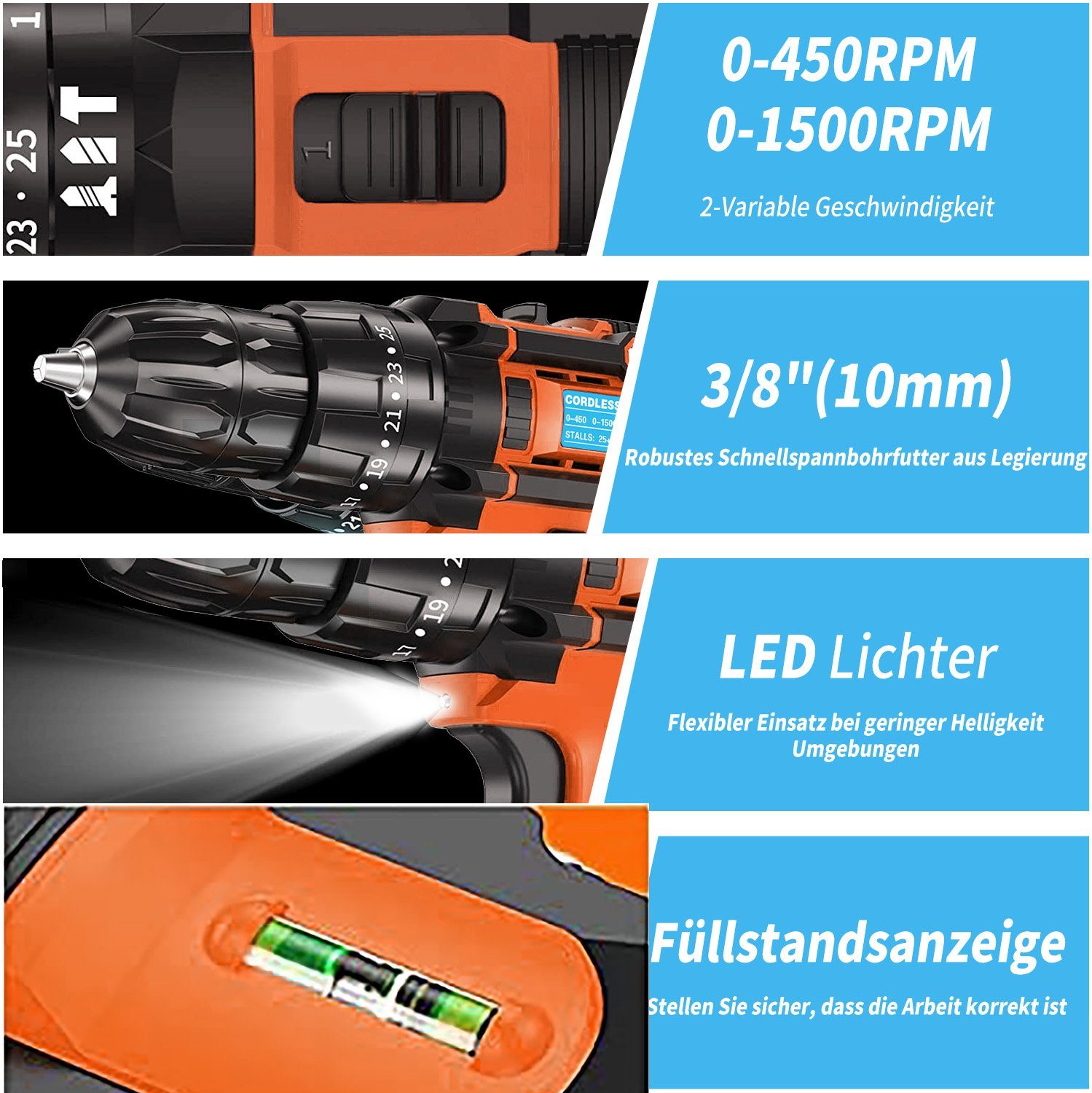 Yaviel Akku-Schraubendreher Akkuschrauber Set Bohrmaschinen Akku Schlagbohrschrauber Bohrschrauber, Universal Drill 21 V Batterien, 450 U/min, 45 Nm, Drehmoment, 2-Gang