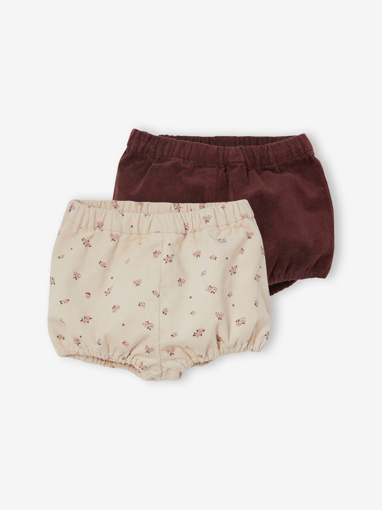 Vertbaudet 2er-Pack Mädchen Baby Shorts, Cord - bordeaux/beige bedruckt