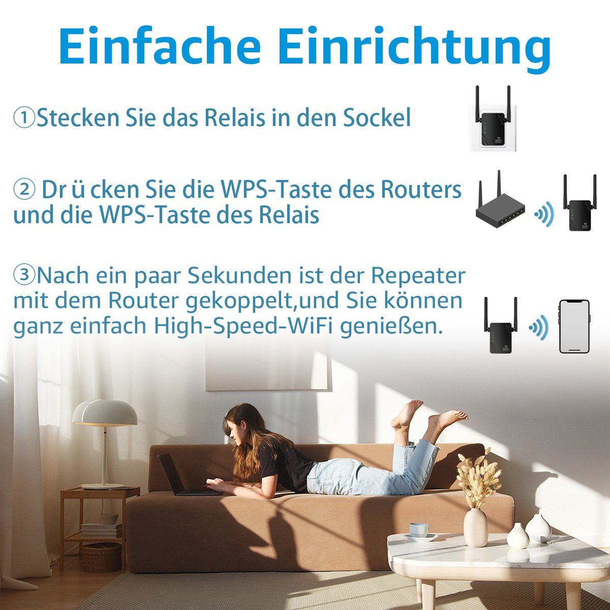 MULISOFT WLAN Verstärker, 300Mbit/s, 2.4G Internet Repeater mit LAN Anschluss WLAN-Repeater, WLAN-System Abdeckung: bis zu 100QM, 2 Ports, WPS Funktion Willigt IEEE802.11b/g/n