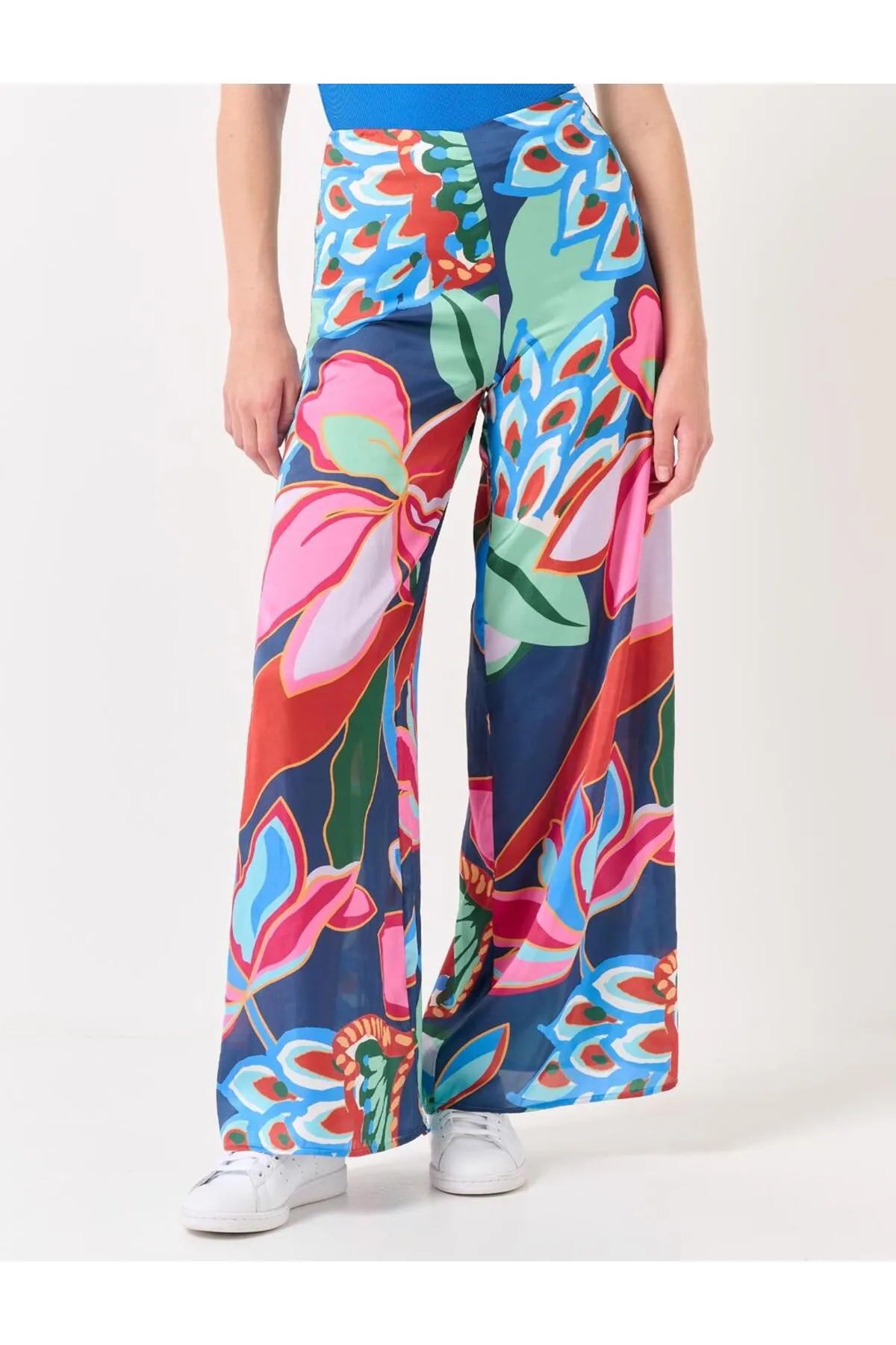 Jimmy Key  Gemischte Hose aus geblümtem Satin mit hoher Taille und weitem Bein