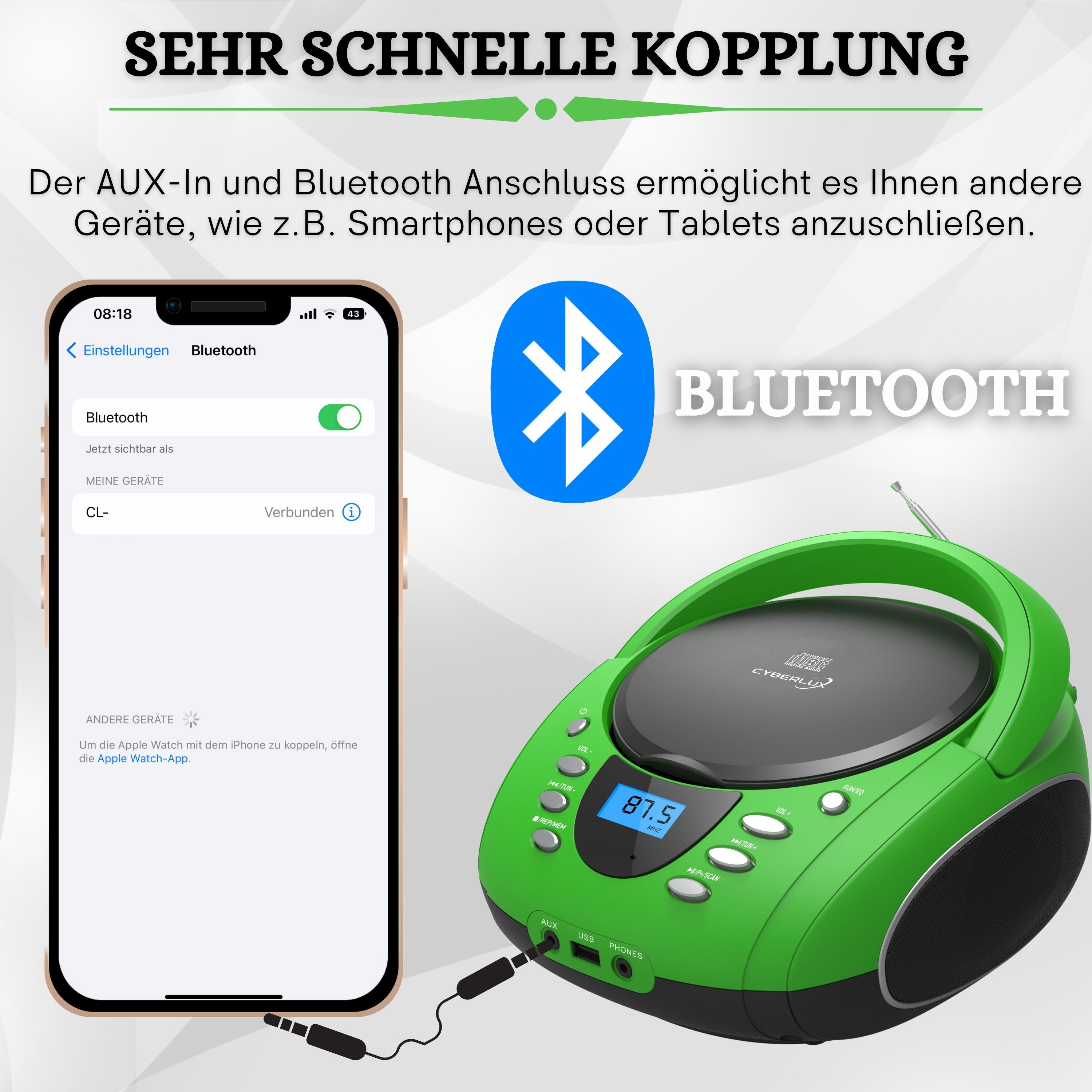 Cyberlux CL-700 tragbarer CD-Player (CD, Kinder CD Player tragbar, Boombox, Musikbox, FM Radio mit MP3 USB)