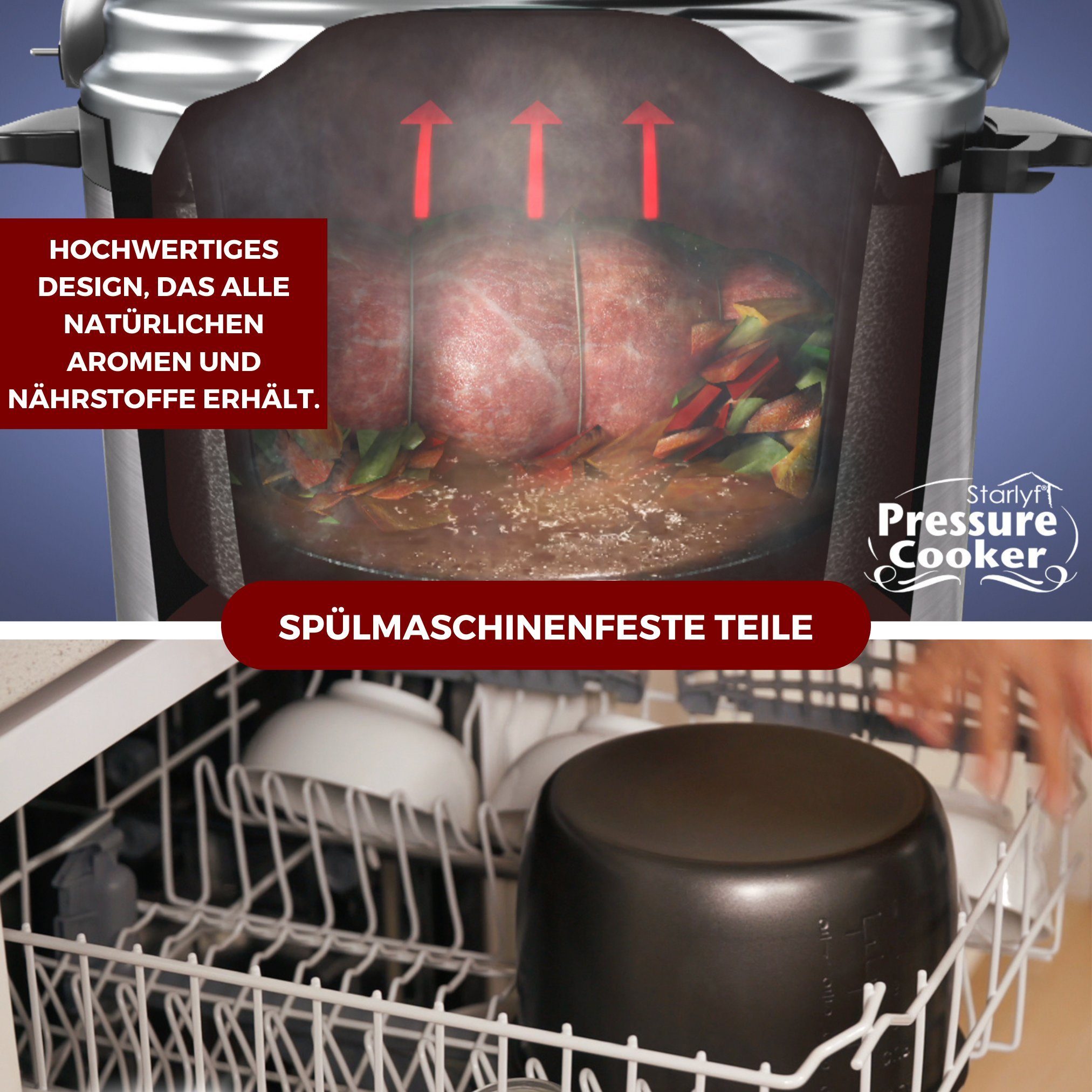 Starlyf Reiskocher Pressure Cooker, 800 W, Schnellkochtopf, Multikocher, 8 Programme, Antihaftbeschichtung