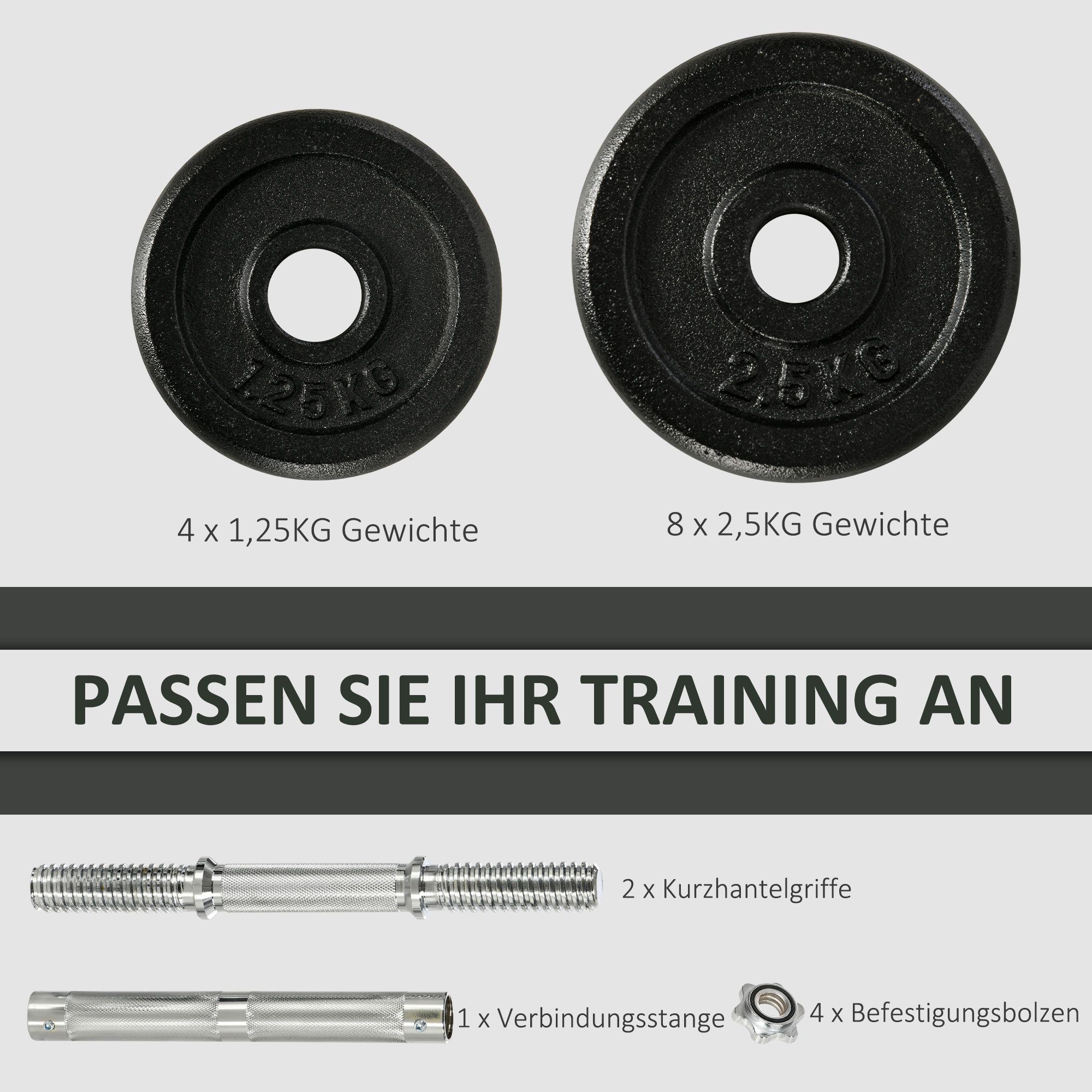 HOMCOM Hantel-Set Langhantel & Kurzhantel Set, 12 Hantelscheiben, (Set, mit Kurzhantelstangen), 8 x 2,5KG, 4 x 1,25KG