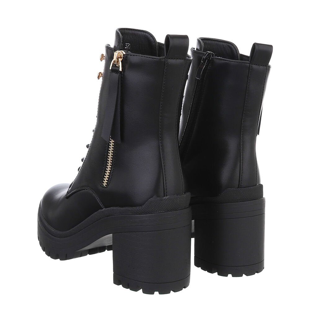 Ital-Design Damen Schnürschuhe Freizeit Schnürstiefelette Blockabsatz High-Heel Stiefeletten in Schwarz