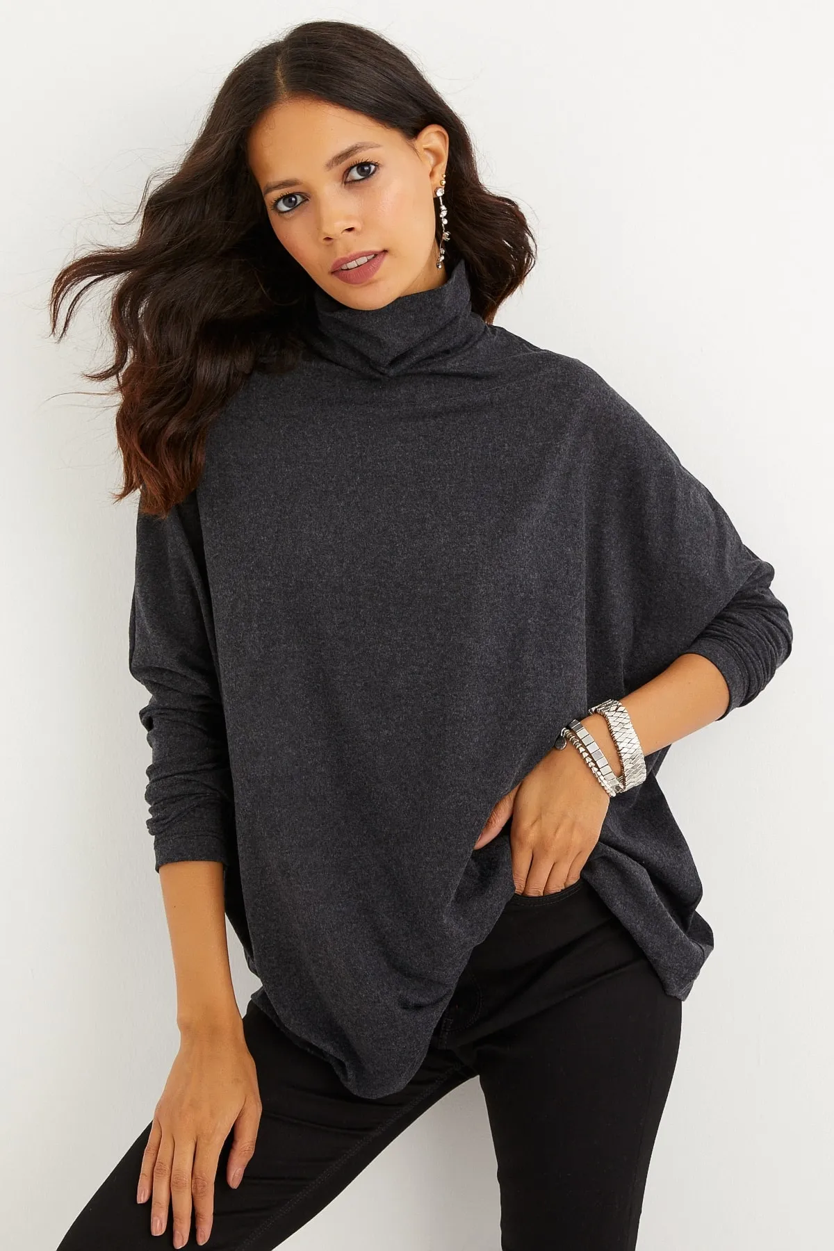 Cool & Sexy  Anthrazitfarbene Fischerbluse mit Fledermausärmeln für Damen EY1049
