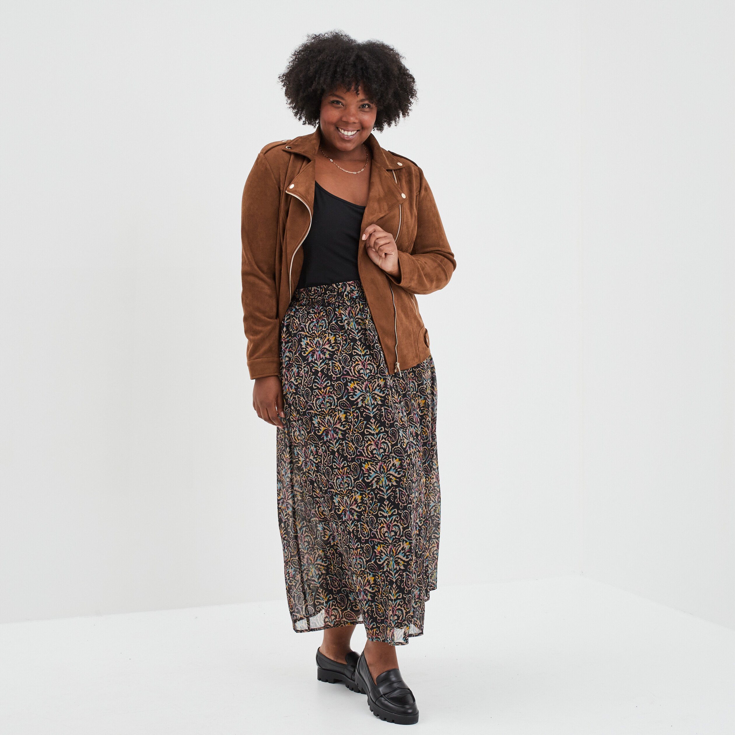 Jupe longue taille haute fils métallisés noir femme grande taille | La Halle