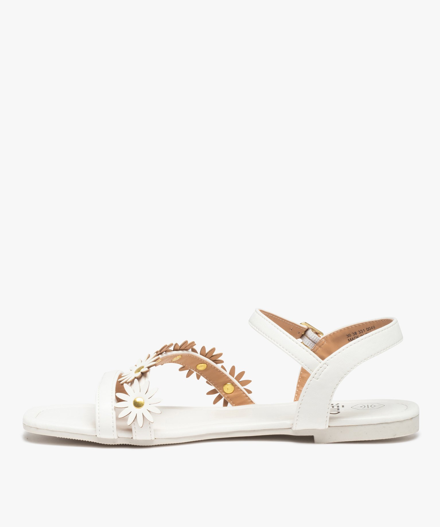 Sandales femme unies à talon plat et fleurs en relief blanc | GEMO