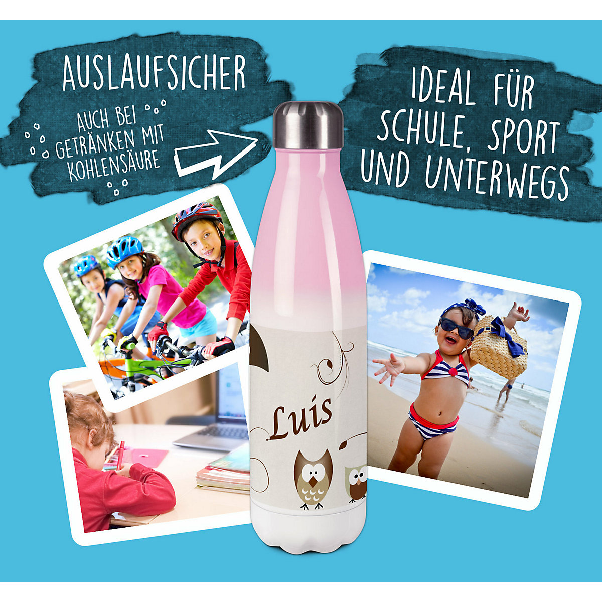 Edelstahl Kinder Thermoflasche / Trinkflasche bunt Eule Farbe beige Spülmaschinenfest, Auslaufsicher, Bruchfest, Doppelwandig, Für Heißgetränke geeignet, Mit Deckel, Isoliert