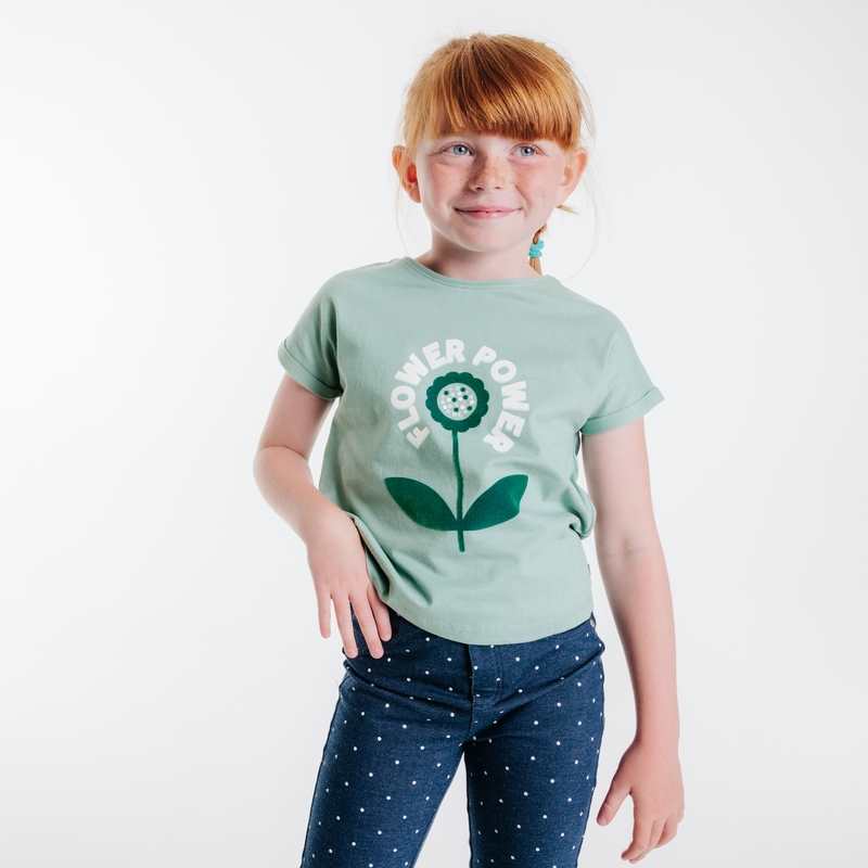 T-shirt manches courtes flower power vert fille