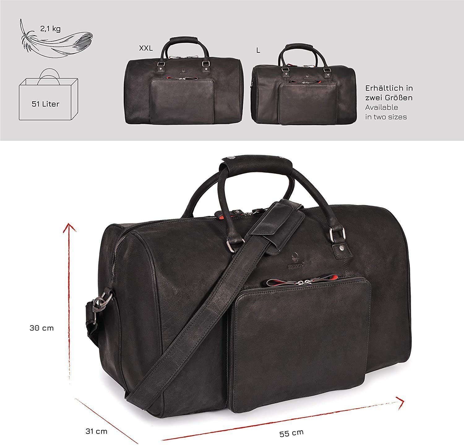 Donbolso Weekender Weekender Neapel, Herren, Leder, Schwarz, Größe L, 40L, Handgepäck, Schwarz L Leder