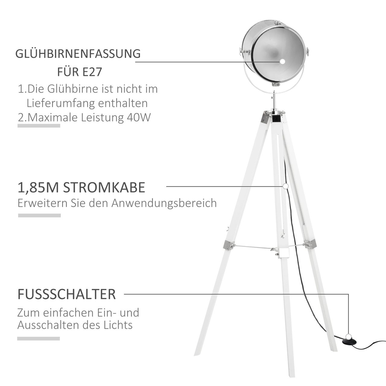 HOMCOM Stehlampe Stehleuchte mit Dreibein Stativ aus Holz 100-140 cm höhenverstellbar mit 180° Drehbarem Lampenkopf Caféleuchte Studiolampe Industrial Design Tripod Lampe 40W Weiß Stahl Kiefernholz