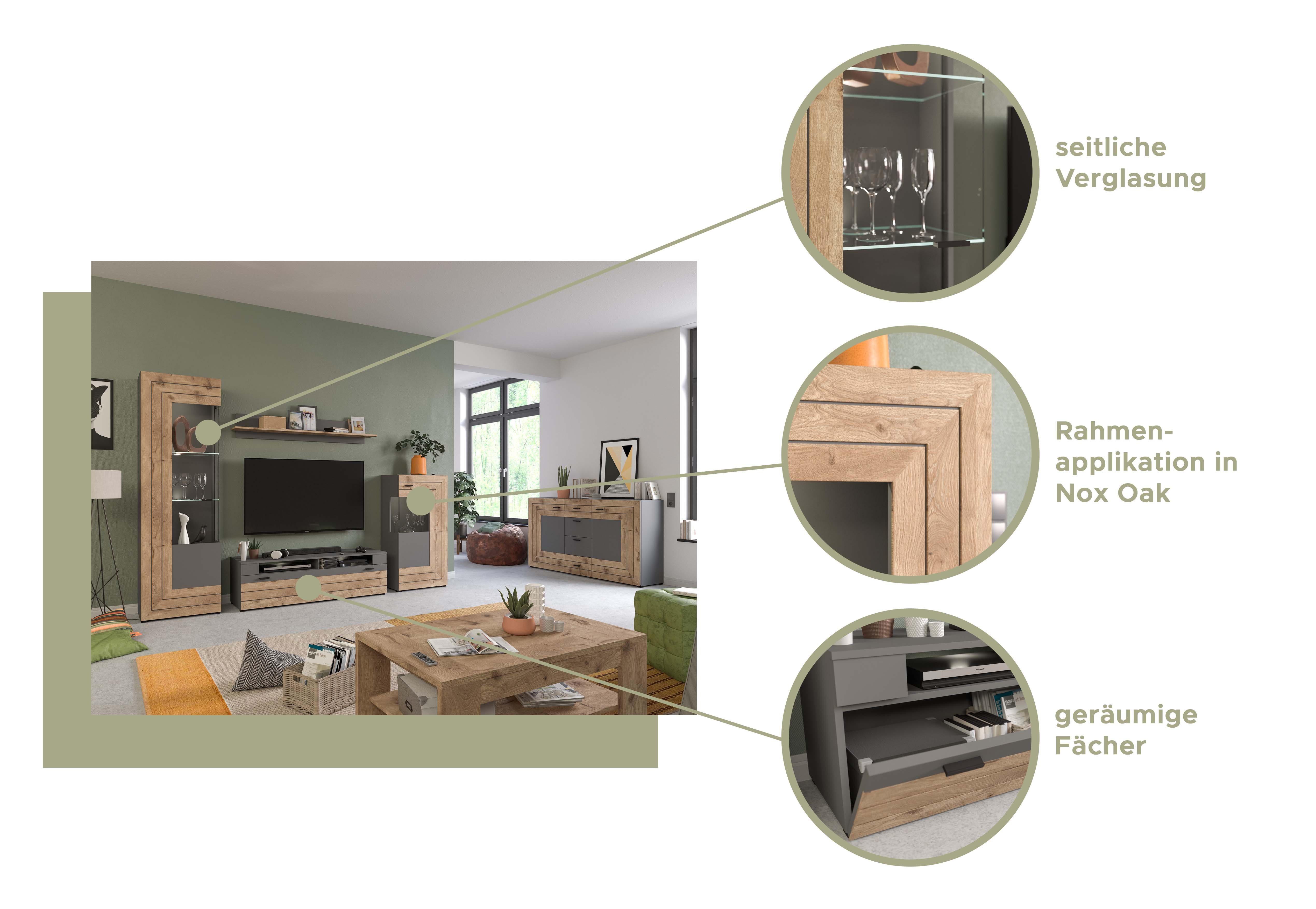 the kuup TV-Rack TV Lowboard Flach I Korpus & Fronten Matt Grau I Rahmen Nox Oak Eiche, Modell TK4