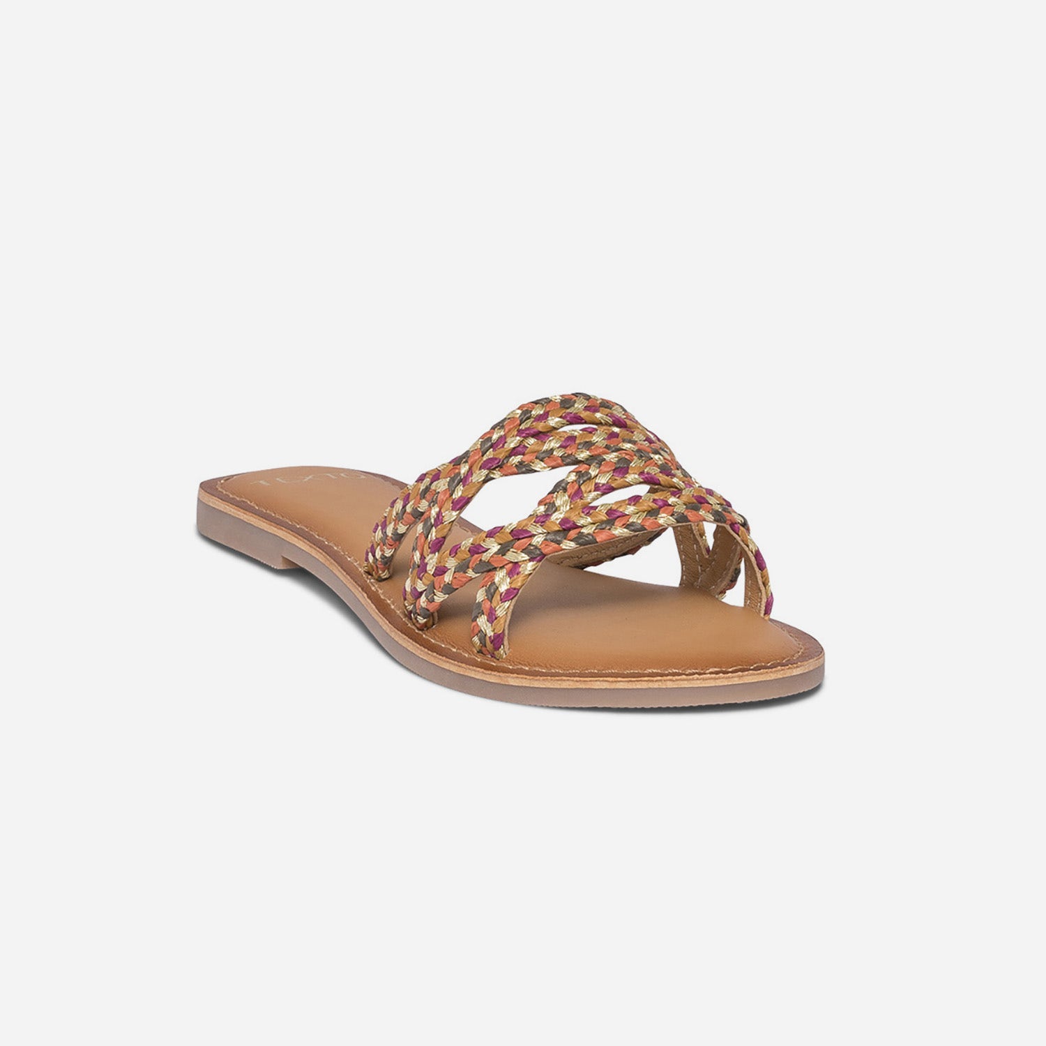 Mule TEXTO beige, kaki, violine, brique et or en raphia tressé