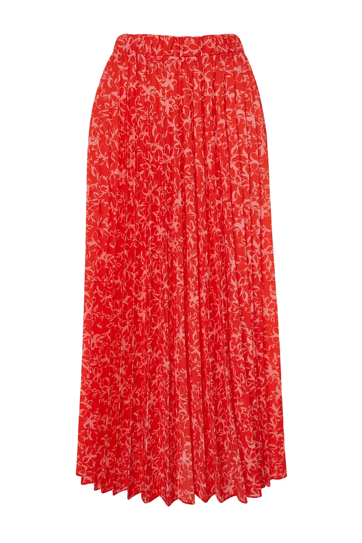 Trendyol Modest  Roter gewebter Plisseerock mit Blumenmuster und elastischer Taille TCTSS23EE00018