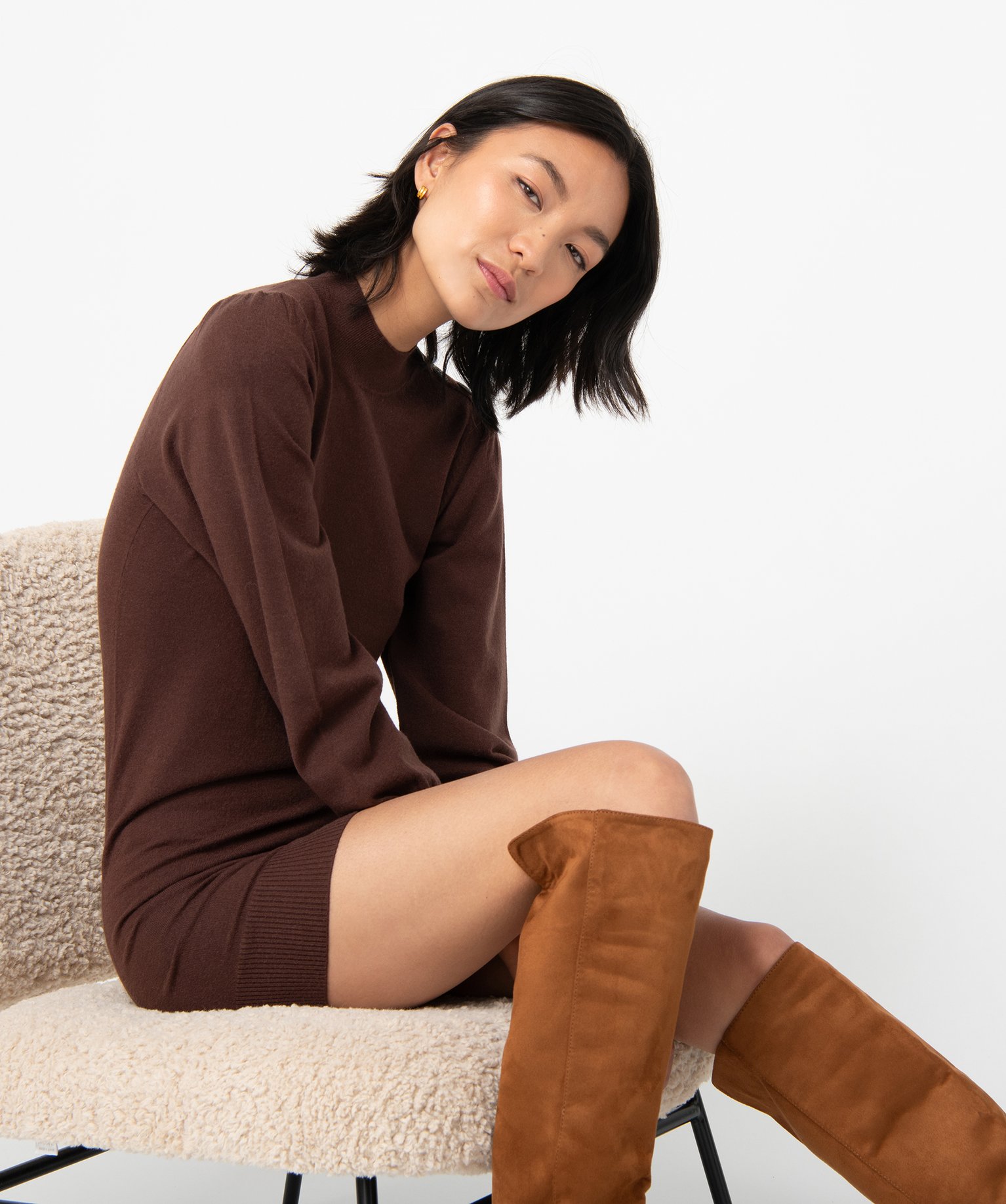 Robe pull femme en maille à manches longues et col montant marron | GEMO