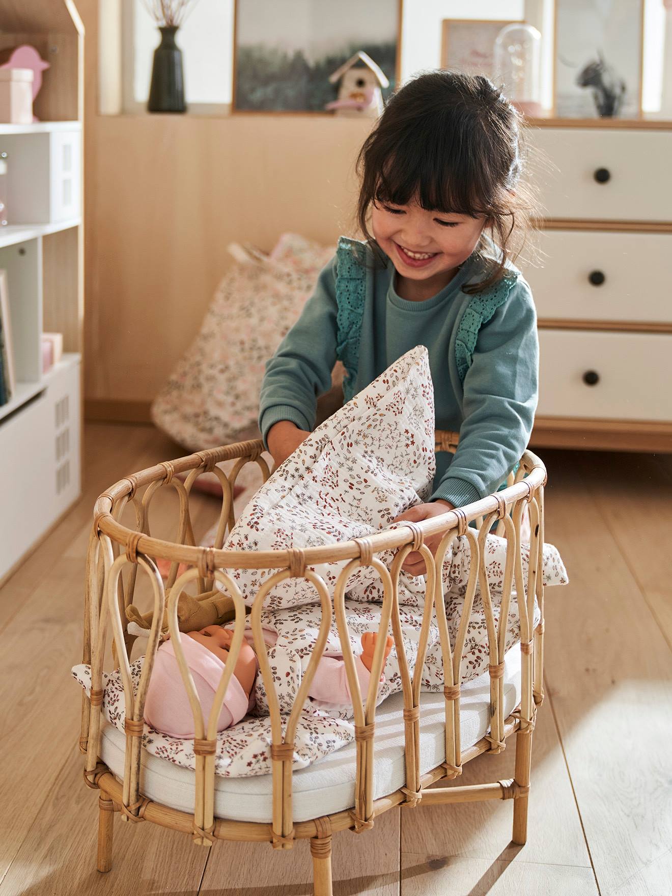 Vertbaudet Puppen-Set: Kissen und Decke MINI FLORA - weiß/rosa geblümt