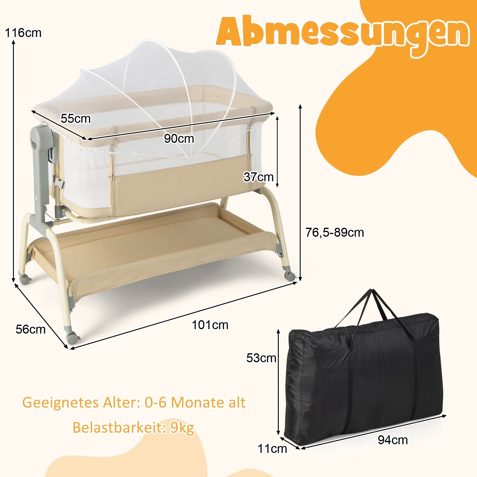 COSTWAY Baby-Reisebett 4 in 1 Beistellbett, 6 fach höhenverstellbar