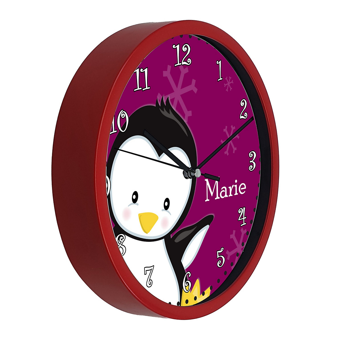 Kinder Wanduhr personalisiert mit Name Pinguin brombeere