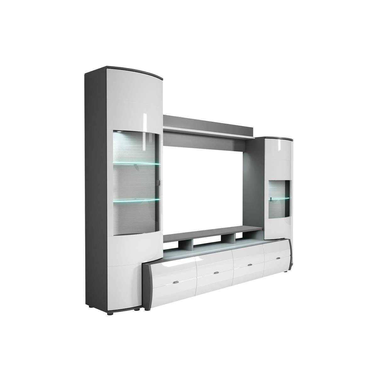 möbelando Wohnwand Gate, Moderne Wohnwand, Front aus MDF in Weiß Hochglanz, Korpus aus melaminharzbeschichteter Spanplatte in Anthrazit, bestehend aus 1 TV-Lowboard, 1 Wandboard und 2 Vitrinen, mit insgesamt 2 Türen, 7 Schubladen und 9 Einlegeböden,