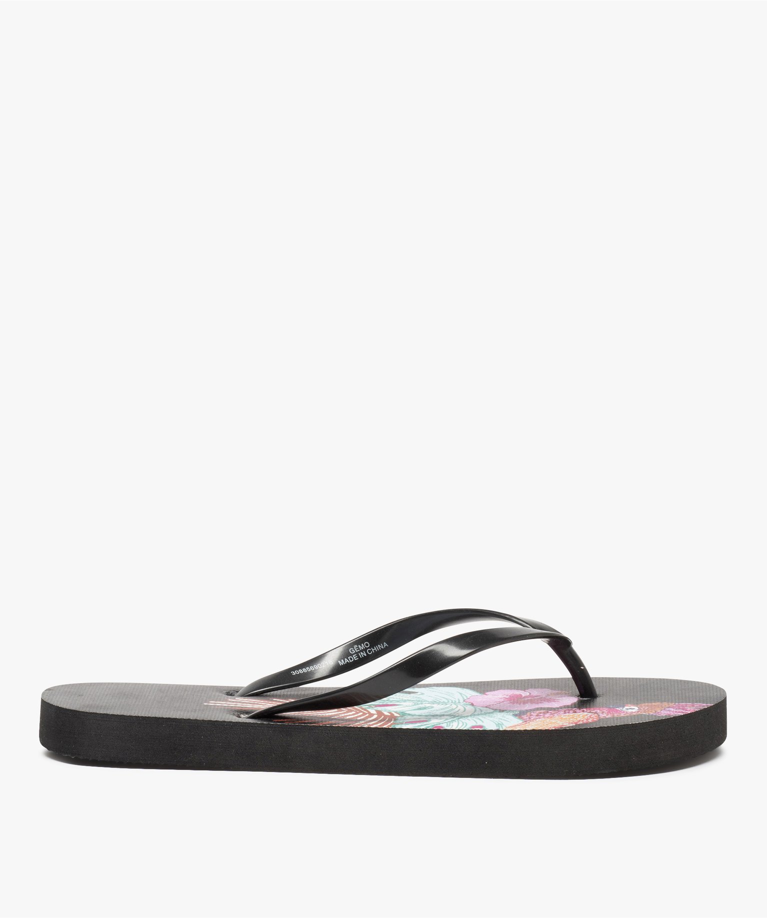 Tongs femme à semelle imprimée et fines brides noir | GEMO