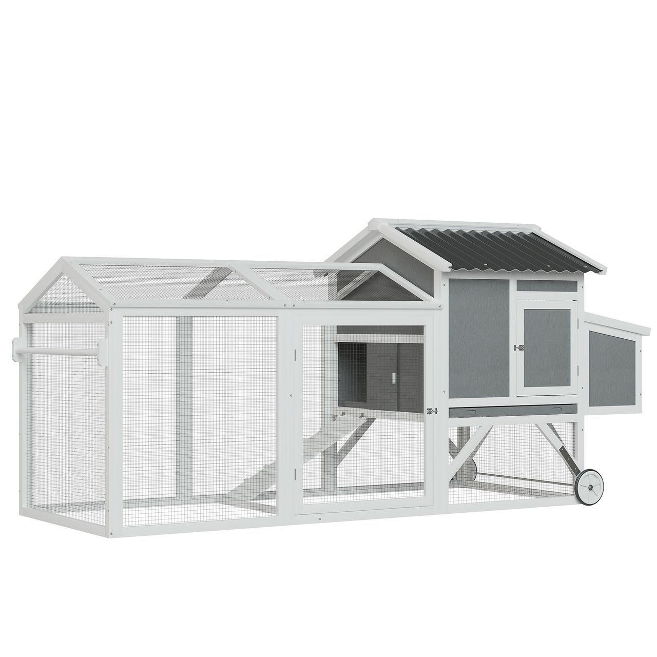 PawHut Hühnerstall Hühnerhaus mit Nistkasten Hühnervoliere mit Rädern und Griff Gehege Geflügelstall winterfest Tannenholz PVC Grau Weiß 247 x 90 x 114 cm