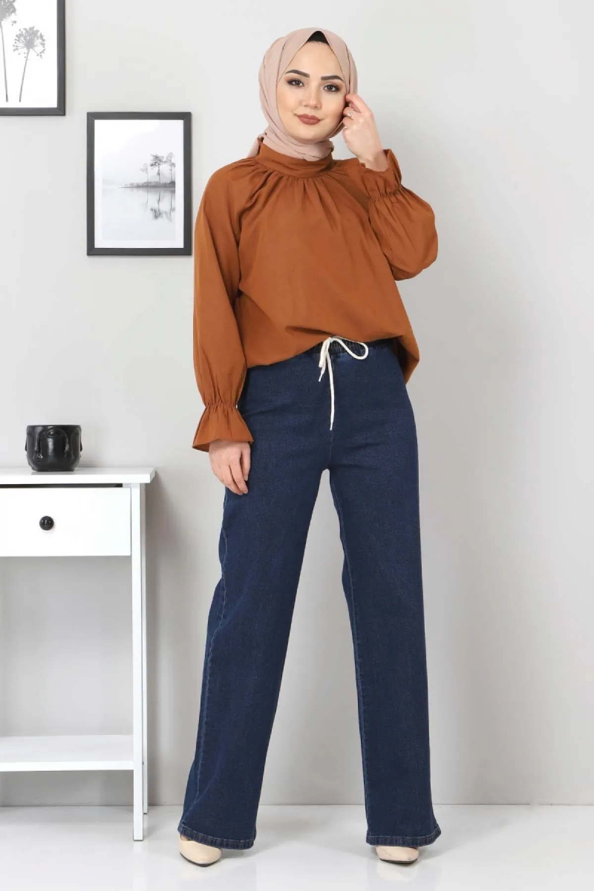 Tesettür Dünyası  Jeanshose mit weitem Bein und elastischer Taille Tsd22045 Dunkelblau