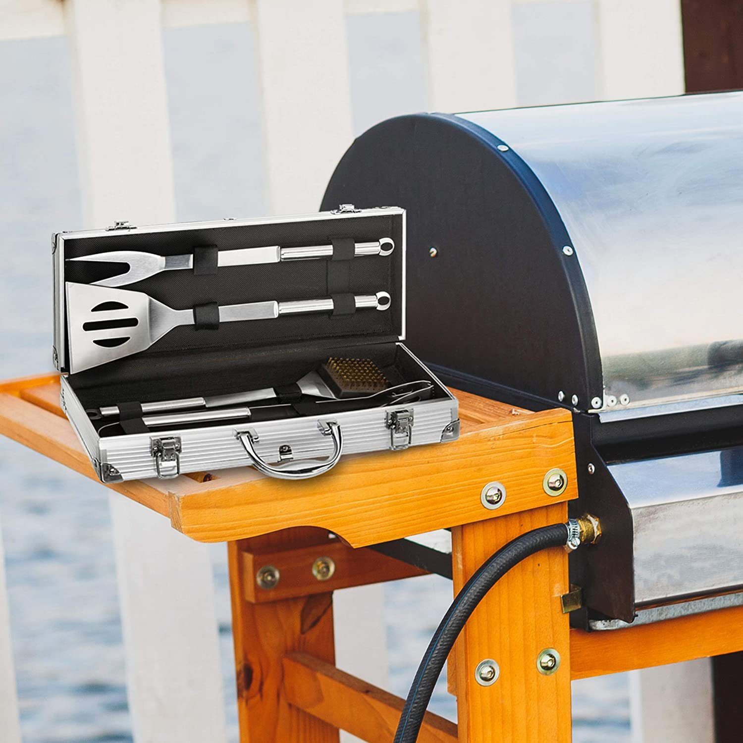 Goods+Gadgets Grillbesteck-Set Edelstahl Profi Grillbesteck-Set Grill-Koffer, (5 tlg), BBQ Besteck Grillkoffer Zubehör