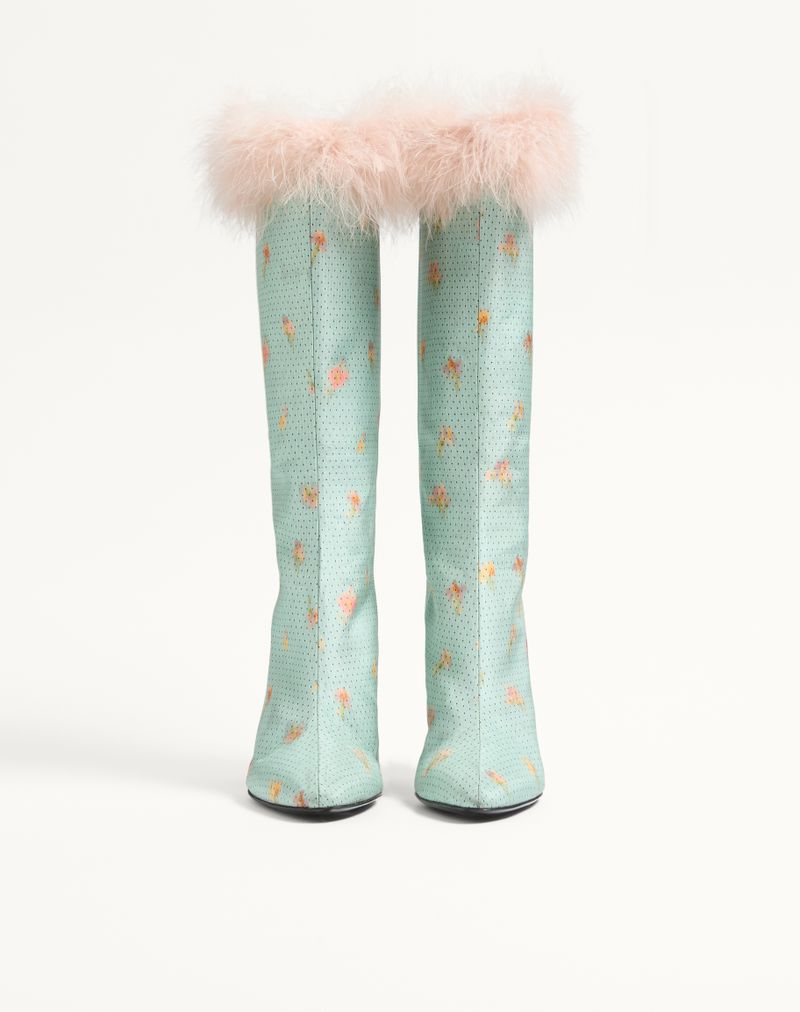Bota Hotty em tecido chinês com estampa de flores, bolinhas e penas, 100mm