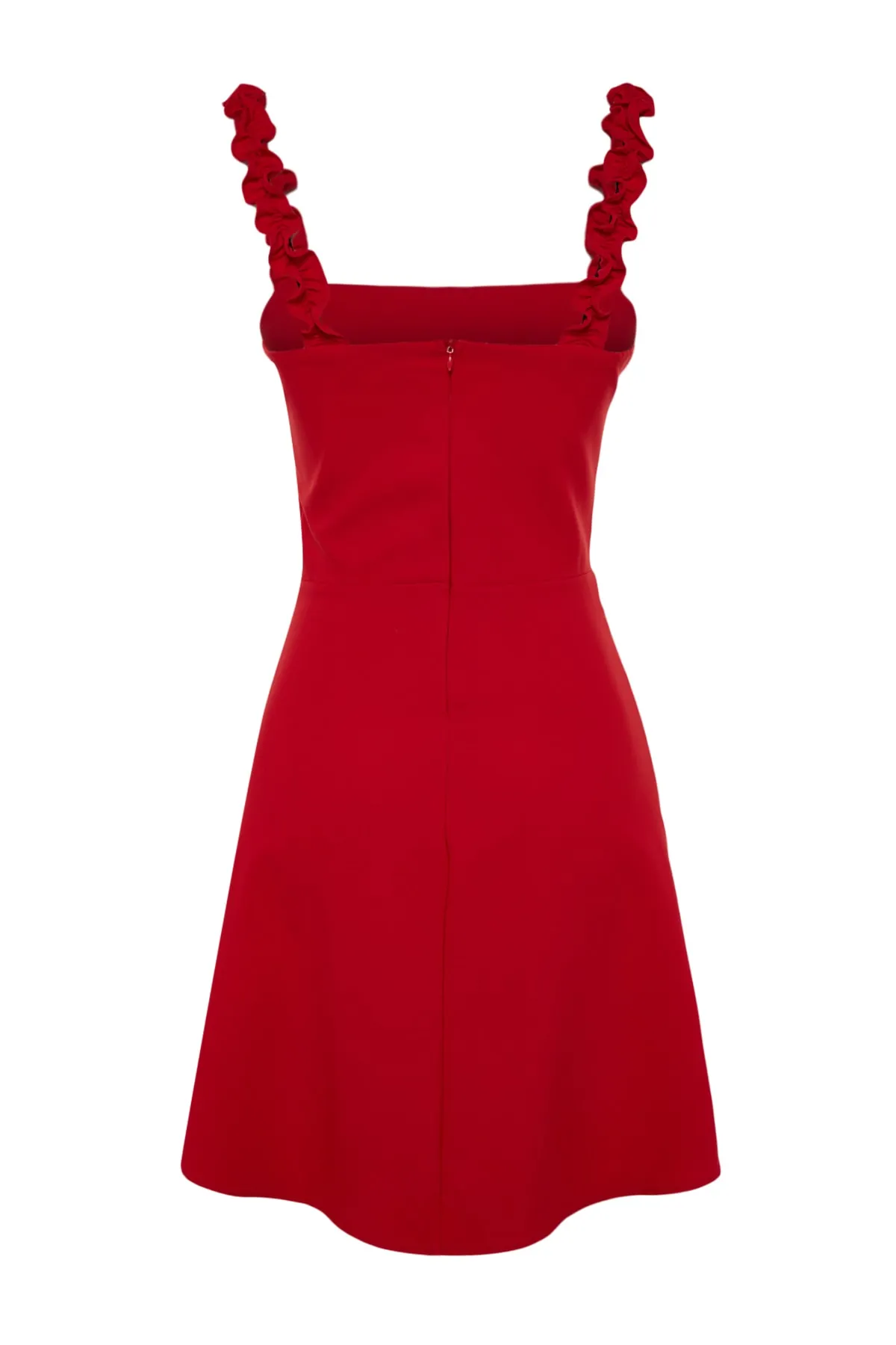 Trendyol Collection  Rotes A-Linien-Minikleid mit quadratischem Kragen und Riemen und detailliertem Webmuster TWOSS22EL2175