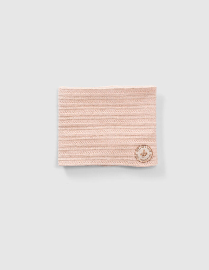 Snood rose tricot fantaisie lurex badge bronze fille