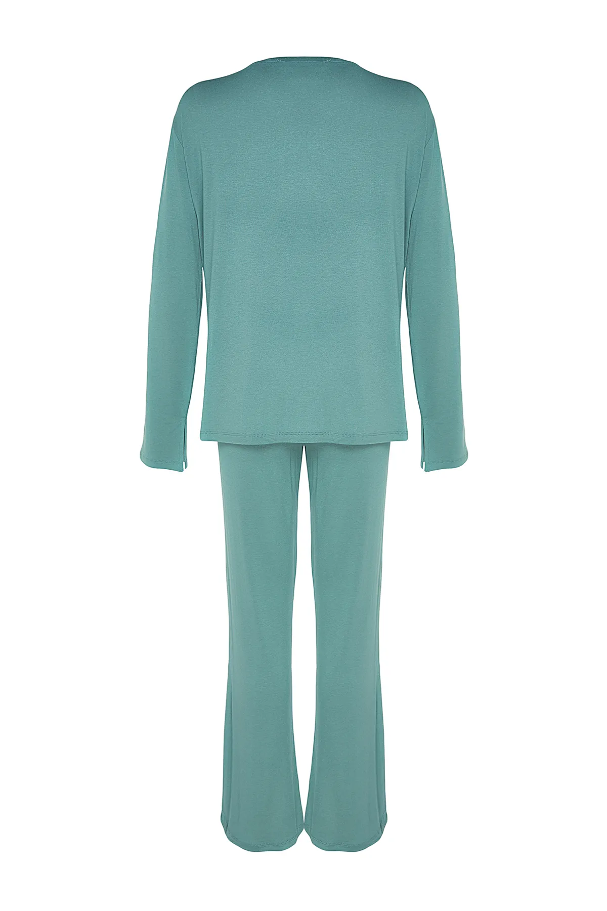 Trendyol Collection  Mintfarbenes Baumwoll-Strick-Pyjama-Set mit Schlitz und detaillierter T-Shirt-Hose THMAW24PT00117