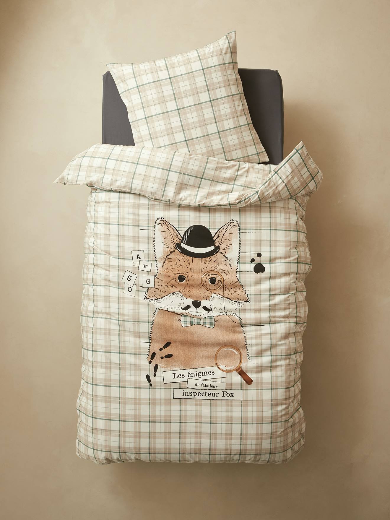 Parure housse de couette + taie d'oreiller enfant DANDY FOX beige