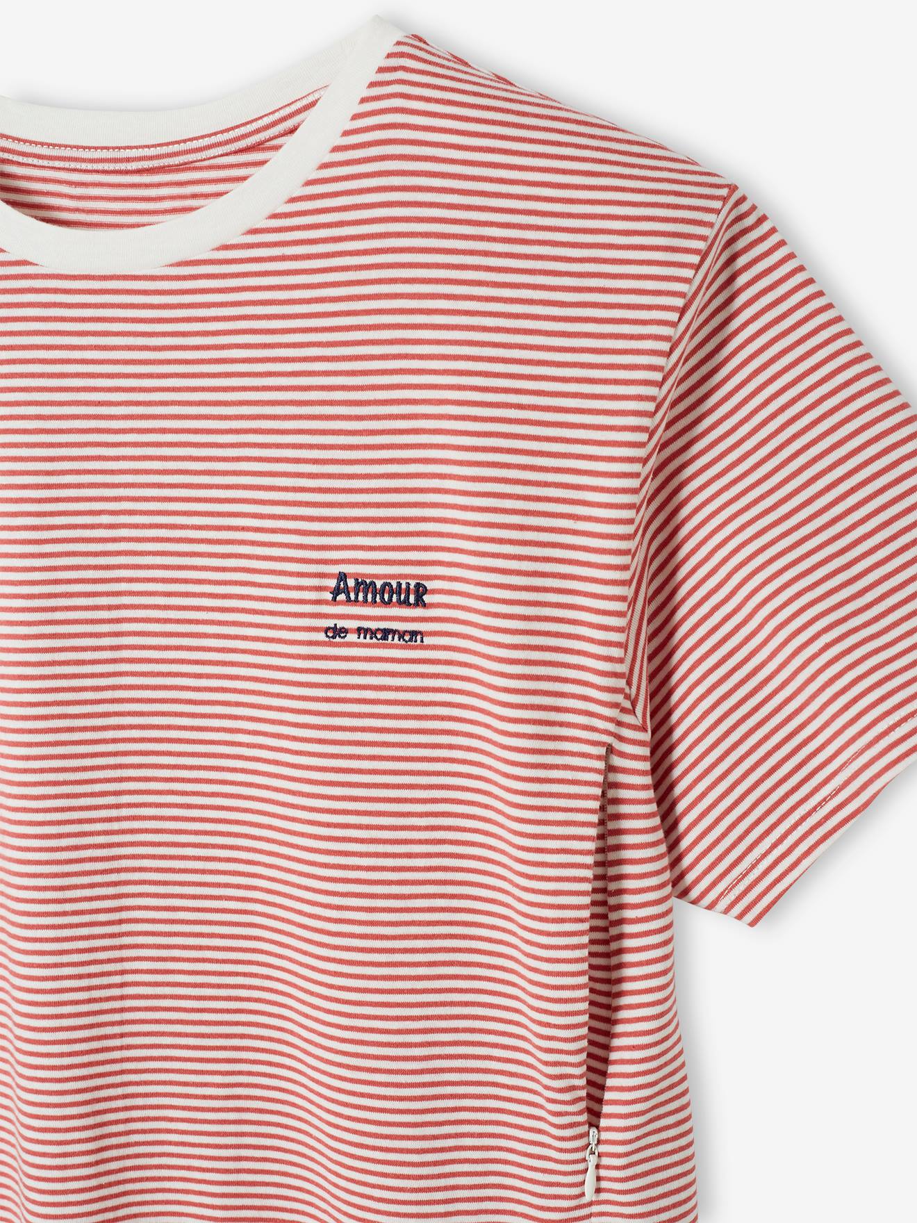 T-shirt rayé grossesse et allaitement en coton personnalisable rayé rouge