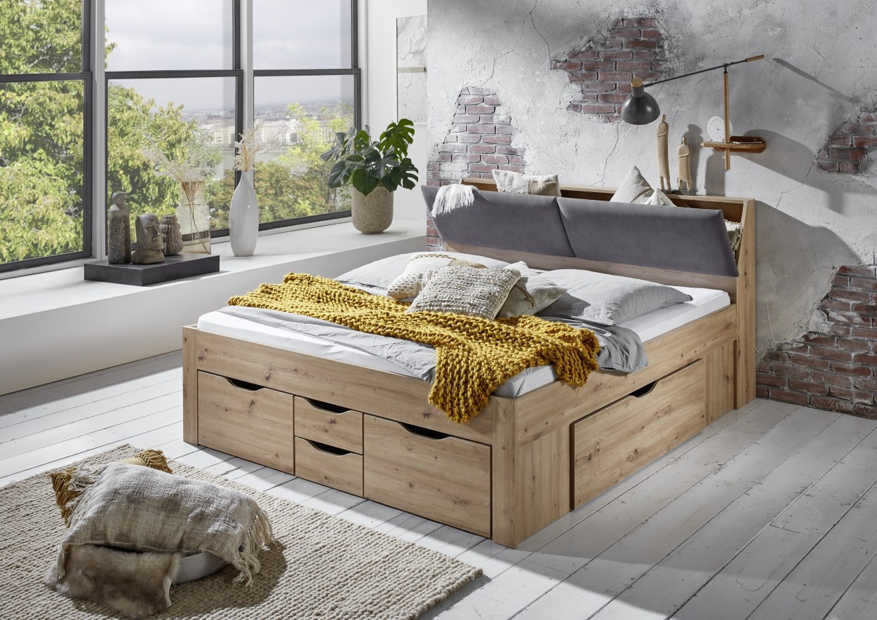 Relita Funktionsbett Maxi 180 x 200 cm, mit Rolllattenrost mit 6 Bettschubladen und Stauraum-Polster-Kopfteil Eiche Artisan Dekor