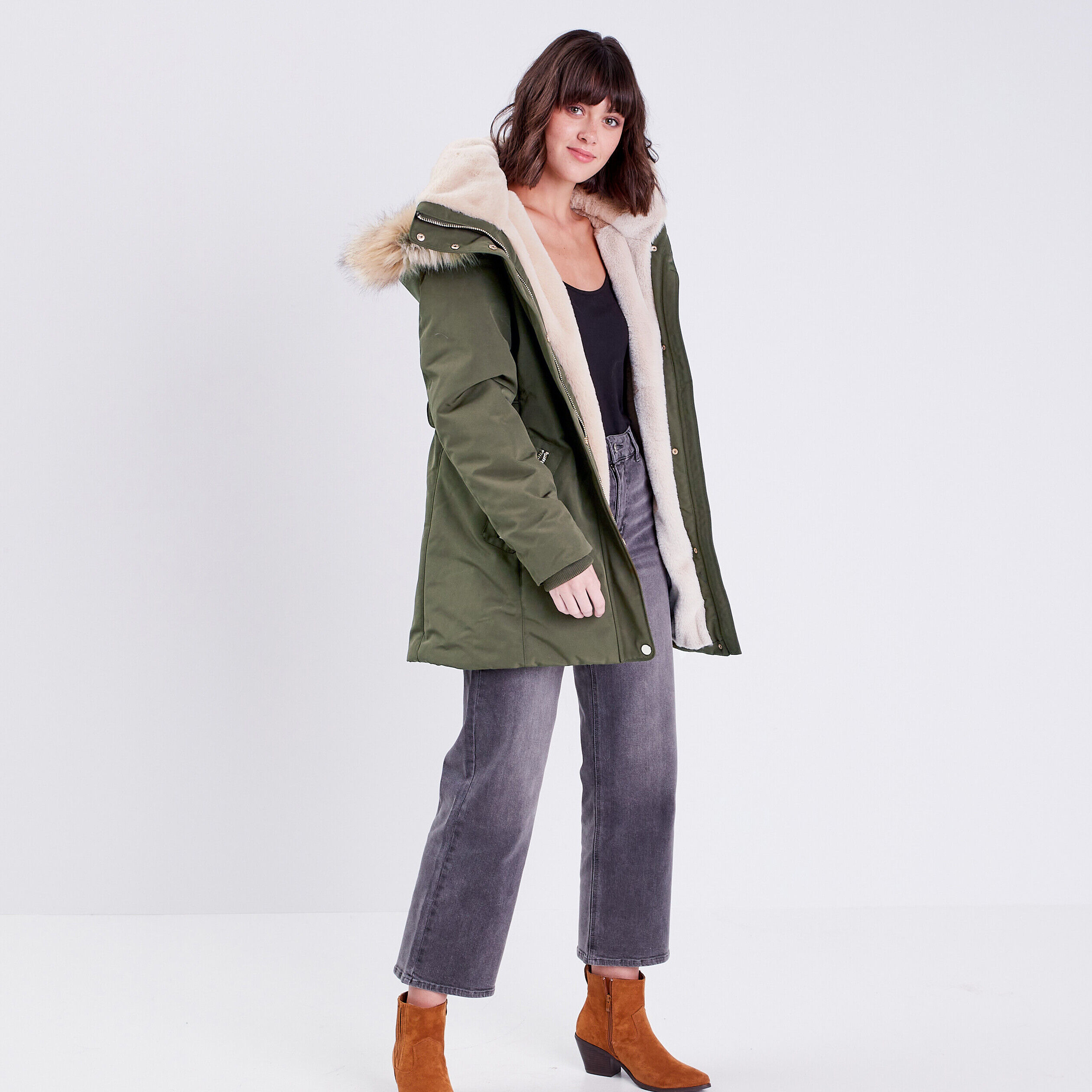 Parka droite avec capuche vert kaki femme | Cache Cache