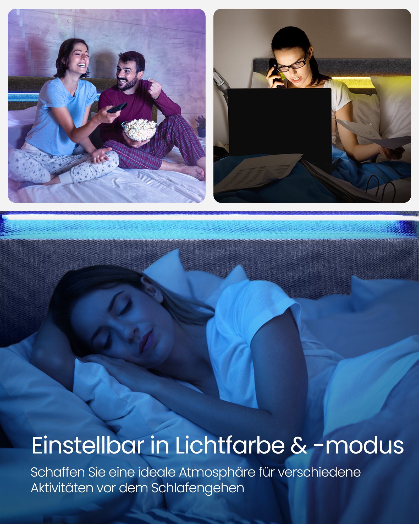 VASAGLE Polsterbett, Bettgestell, 25 Farben und 10 Blinkmustern, USB- und TYPE-C Anschluss