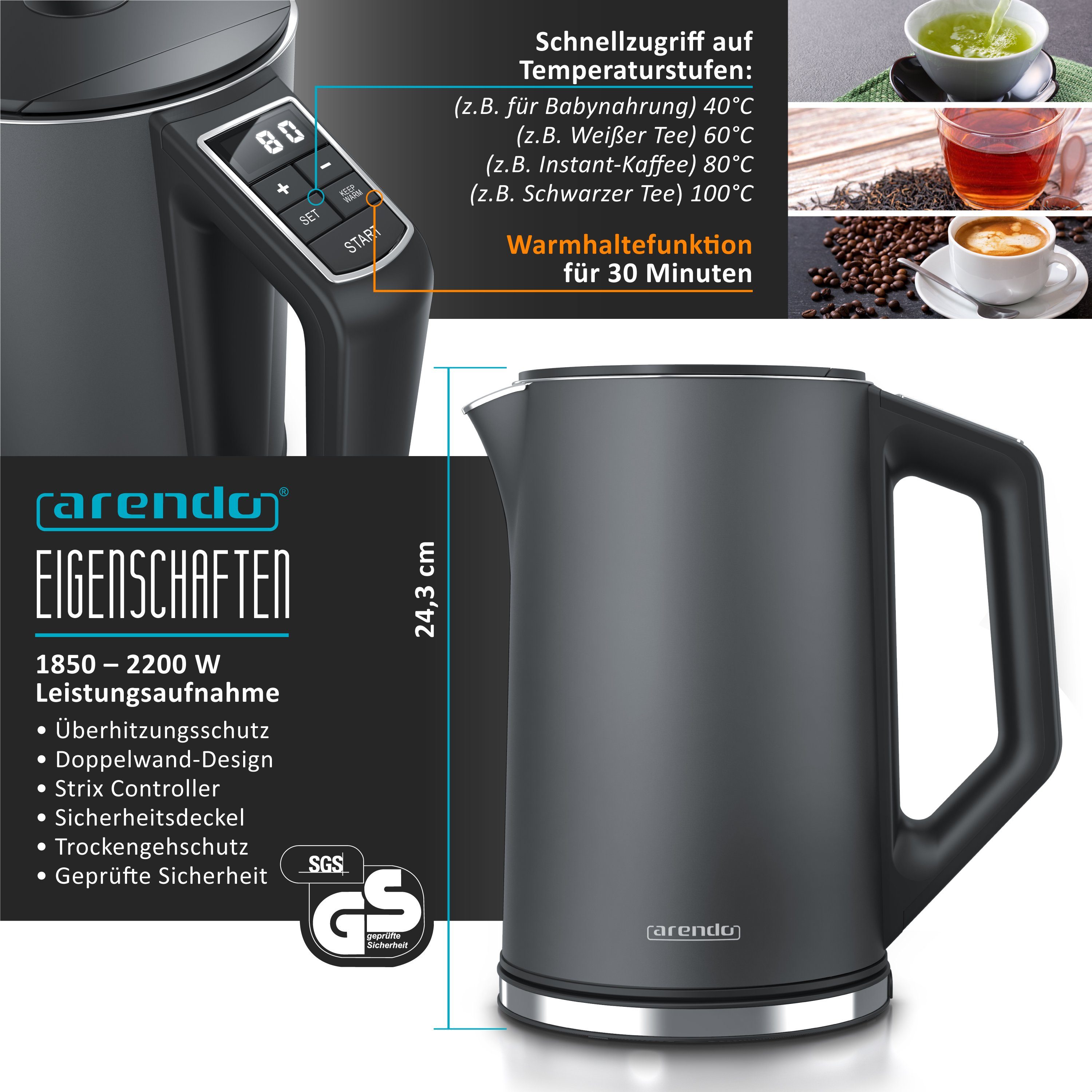 Arendo Frühstücks-Set (2-tlg), Edelstahl Wasserkocher 1,5l, 7er Eierkocher, Grau