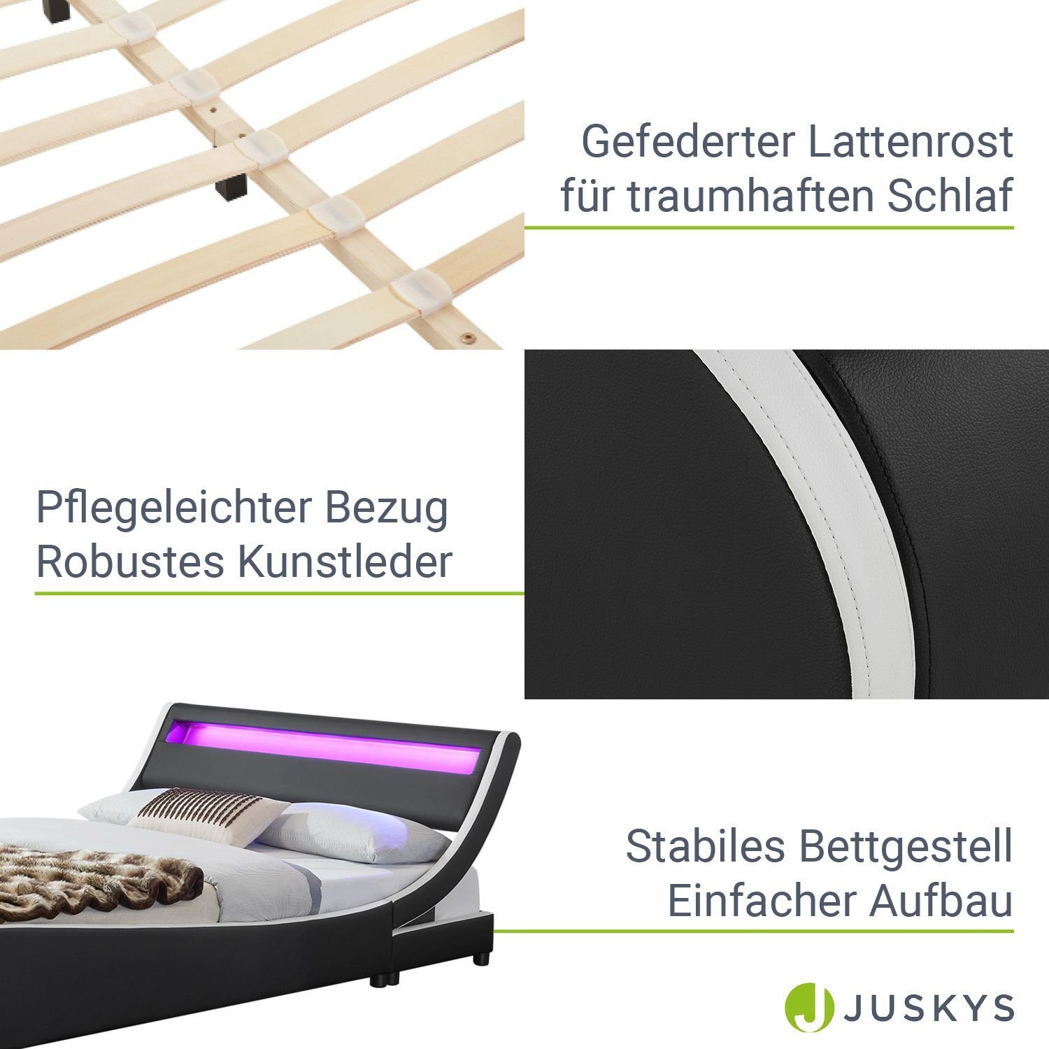 Juskys Polsterbett Valencia, 140 x 200 cm, Doppelbett mit Lattenrost, LED-Beleuchtung und Fernbedienung